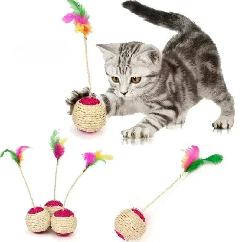 Sisal Rope Ball Cat Toy – Natural Feather Toy for Cats