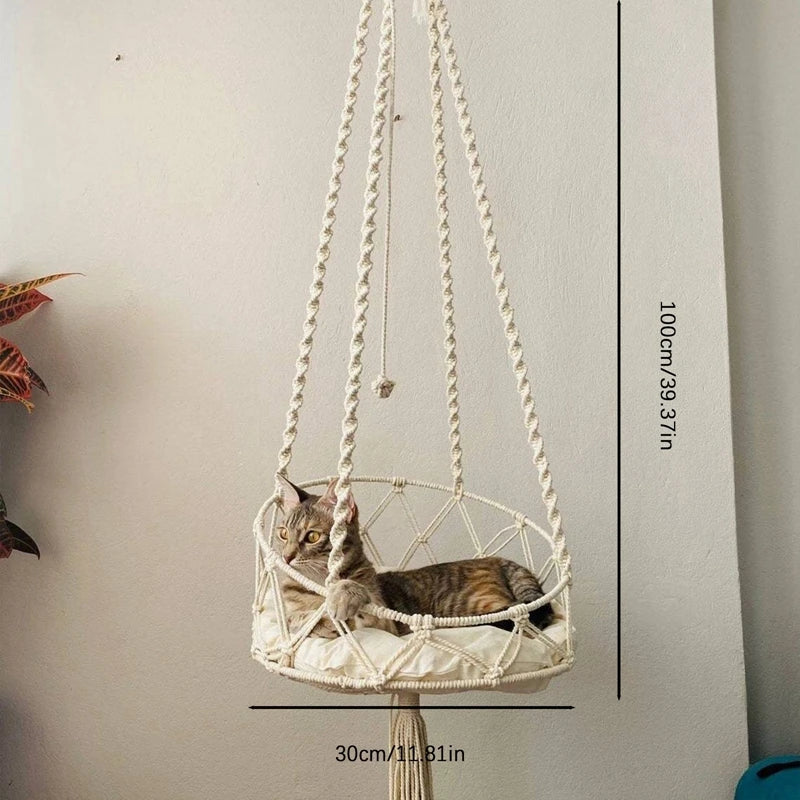 Handwoven Bohemian Cat Hammock Swing Bed – Macrame Tapestry for Cats