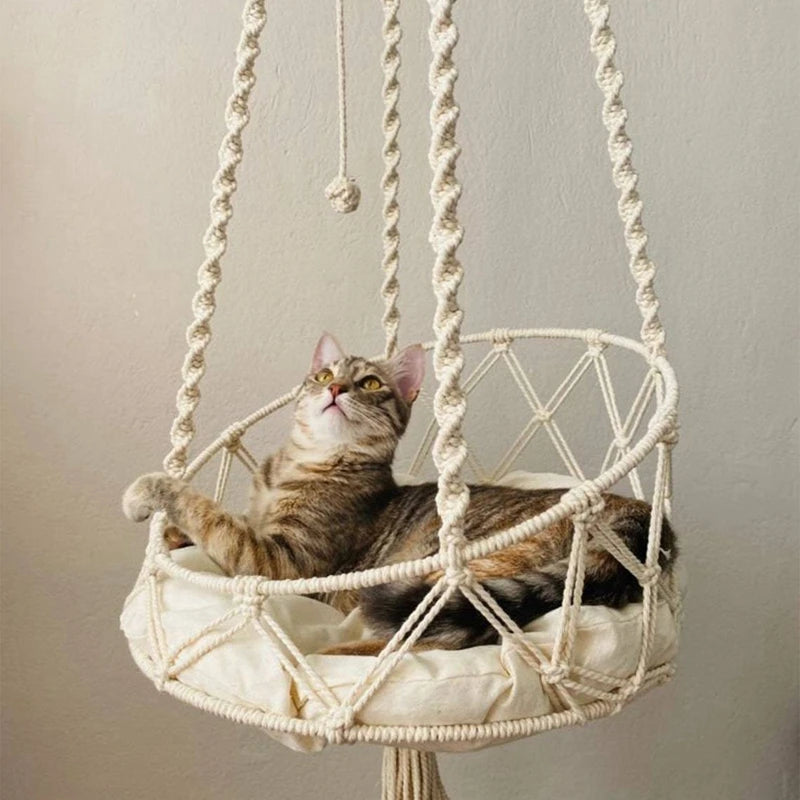 Handwoven Bohemian Cat Hammock Swing Bed – Macrame Tapestry for Cats