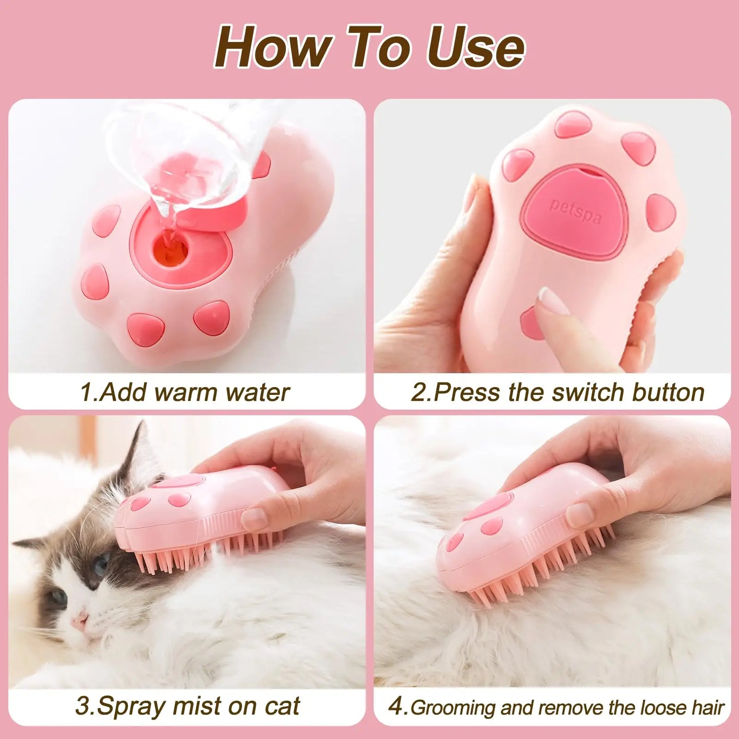 Spray Grooming Brush for Cats - 3-in-1