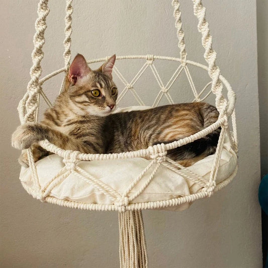 Handwoven Bohemian Cat Hammock Swing Bed – Macrame Tapestry for Cats